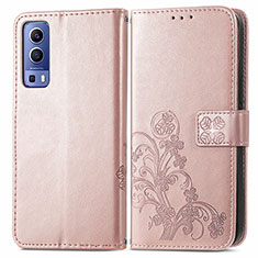 Leather Case Stands Flip Flowers Cover Holder for Vivo Y52 5G Pink