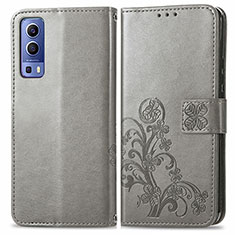 Leather Case Stands Flip Flowers Cover Holder for Vivo Y72 5G Gray