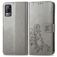 Leather Case Stands Flip Flowers Cover Holder for Vivo Y73 (2021) Gray