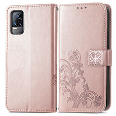 Leather Case Stands Flip Flowers Cover Holder for Vivo Y73 (2021) Pink