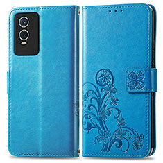 Leather Case Stands Flip Flowers Cover Holder for Vivo Y74s 5G Blue