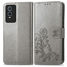 Leather Case Stands Flip Flowers Cover Holder for Vivo Y76s 5G Gray