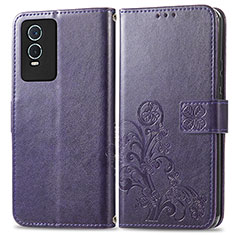 Leather Case Stands Flip Flowers Cover Holder for Vivo Y76s 5G Purple