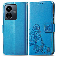 Leather Case Stands Flip Flowers Cover Holder for Vivo Y77 5G Blue