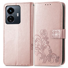 Leather Case Stands Flip Flowers Cover Holder for Vivo Y77 5G Pink