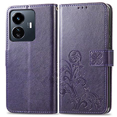 Leather Case Stands Flip Flowers Cover Holder for Vivo Y77 5G Purple