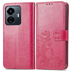 Leather Case Stands Flip Flowers Cover Holder for Vivo Y77 5G Red