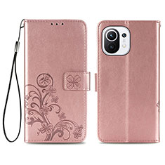 Leather Case Stands Flip Flowers Cover Holder for Xiaomi Mi 11 5G Pink