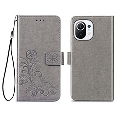 Leather Case Stands Flip Flowers Cover Holder for Xiaomi Mi 11 Lite 4G Gray