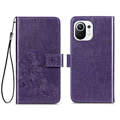 Leather Case Stands Flip Flowers Cover Holder for Xiaomi Mi 11 Lite 4G Purple