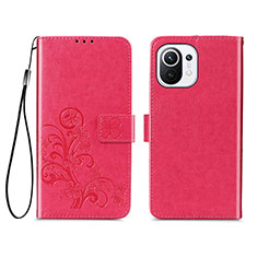 Leather Case Stands Flip Flowers Cover Holder for Xiaomi Mi 11 Lite 5G NE Red