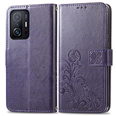 Leather Case Stands Flip Flowers Cover Holder for Xiaomi Mi 11T 5G Purple