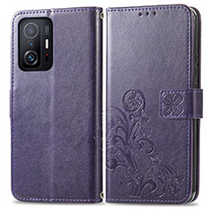 Leather Case Stands Flip Flowers Cover Holder for Xiaomi Mi 11T Pro 5G Purple