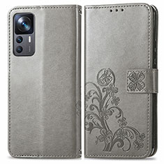 Leather Case Stands Flip Flowers Cover Holder for Xiaomi Mi 12T 5G Gray