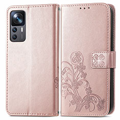 Leather Case Stands Flip Flowers Cover Holder for Xiaomi Mi 12T 5G Pink