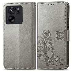 Leather Case Stands Flip Flowers Cover Holder for Xiaomi Mi 13T 5G Gray