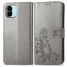 Leather Case Stands Flip Flowers Cover Holder for Xiaomi Poco C50 Gray