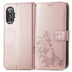 Leather Case Stands Flip Flowers Cover Holder for Xiaomi Poco F3 GT 5G Pink