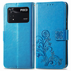 Leather Case Stands Flip Flowers Cover Holder for Xiaomi Poco M4 Pro 4G Blue