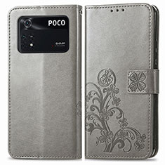 Leather Case Stands Flip Flowers Cover Holder for Xiaomi Poco M4 Pro 4G Gray