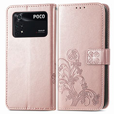 Leather Case Stands Flip Flowers Cover Holder for Xiaomi Poco M4 Pro 4G Pink