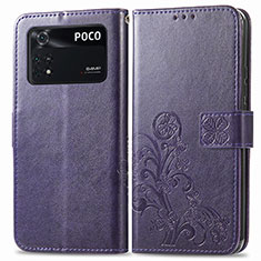 Leather Case Stands Flip Flowers Cover Holder for Xiaomi Poco M4 Pro 4G Purple