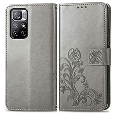 Leather Case Stands Flip Flowers Cover Holder for Xiaomi Poco M4 Pro 5G Gray