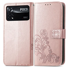 Leather Case Stands Flip Flowers Cover Holder for Xiaomi Poco X4 Pro 5G Pink