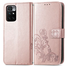 Leather Case Stands Flip Flowers Cover Holder for Xiaomi Redmi 10 4G Pink