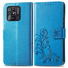 Leather Case Stands Flip Flowers Cover Holder for Xiaomi Redmi 10 India Blue