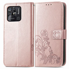 Leather Case Stands Flip Flowers Cover Holder for Xiaomi Redmi 10 India Pink