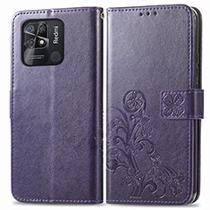 Leather Case Stands Flip Flowers Cover Holder for Xiaomi Redmi 10 Power Purple