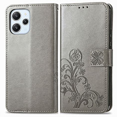 Leather Case Stands Flip Flowers Cover Holder for Xiaomi Redmi 12 4G Gray