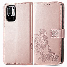 Leather Case Stands Flip Flowers Cover Holder for Xiaomi Redmi Note 10 5G Pink