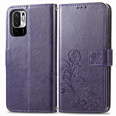 Leather Case Stands Flip Flowers Cover Holder for Xiaomi Redmi Note 10 5G Purple