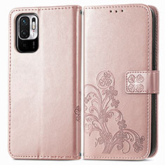 Leather Case Stands Flip Flowers Cover Holder for Xiaomi Redmi Note 10T 5G Pink