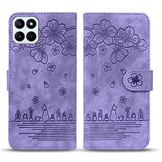 Leather Case Stands Flip Flowers Cover Holder HF1 for Huawei Honor X6a Purple