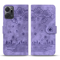 Leather Case Stands Flip Flowers Cover Holder HF2 for Huawei Honor X7a Purple