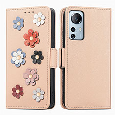 Leather Case Stands Flip Flowers Cover Holder L01 for Xiaomi Mi 12 5G Gold