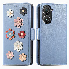 Leather Case Stands Flip Flowers Cover Holder S02D for Asus Zenfone 9 Blue