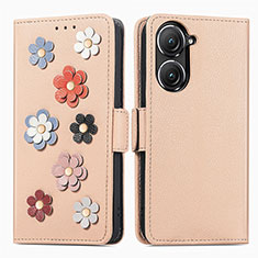 Leather Case Stands Flip Flowers Cover Holder S02D for Asus Zenfone 9 Khaki