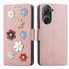 Leather Case Stands Flip Flowers Cover Holder S02D for Asus Zenfone 9 Rose Gold