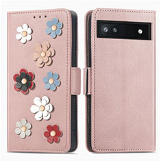 Leather Case Stands Flip Flowers Cover Holder S02D for Google Pixel 6a 5G Rose Gold