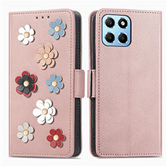 Leather Case Stands Flip Flowers Cover Holder S02D for Huawei Honor X6 5G Rose Gold