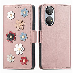 Leather Case Stands Flip Flowers Cover Holder S02D for Huawei Honor X7 Rose Gold