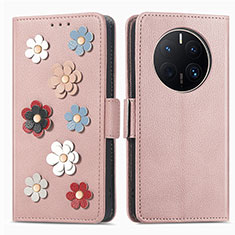 Leather Case Stands Flip Flowers Cover Holder S02D for Huawei Mate 50 Pro Rose Gold