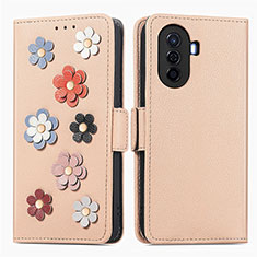 Leather Case Stands Flip Flowers Cover Holder S02D for Huawei Nova Y70 Plus Khaki