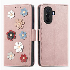 Leather Case Stands Flip Flowers Cover Holder S02D for Huawei Nova Y71 Rose Gold