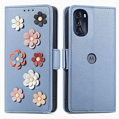 Leather Case Stands Flip Flowers Cover Holder S02D for Motorola Moto G 5G (2022) Blue