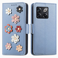 Leather Case Stands Flip Flowers Cover Holder S02D for OnePlus 10T 5G Blue